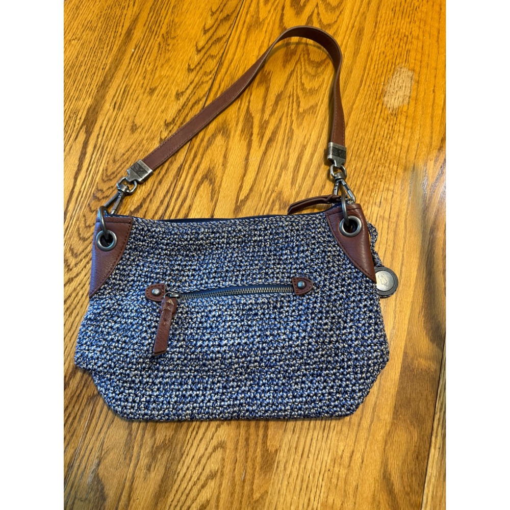 The Sak Blue White Crochet Shoulder Bag Brown Trim Knit Purse